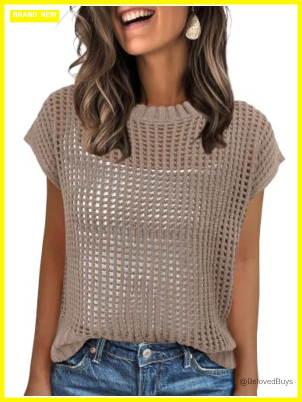 Womens Crochet Knit Sweater Vest Short Sleeve Loose Fit Summer Top